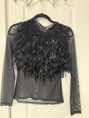Black Feather-Trim Mesh Long Sleeve Top